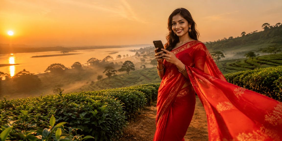 রাজশাহীতে শাড়ি পরিহিত মহিলা মোবাইলে ডিপোজিট করছেন